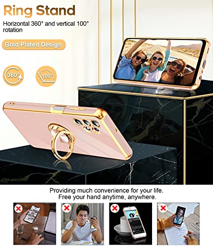 LeYi for Samsung Galaxy A32 5G Case with Tempered Glass Screen Protector [2 Pack] 360° Rotatable Ring Holder Magnetic Kickstand, Plating Rose Gold Edge Protective Case, Pink