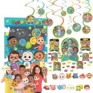 coco melon theme party decorations - decor kit of 4 piece scene setter 12 banner swirls 7 table centerpieces 12 photo booth props and 24 confetti pieces for a cocomelon kids decoration
