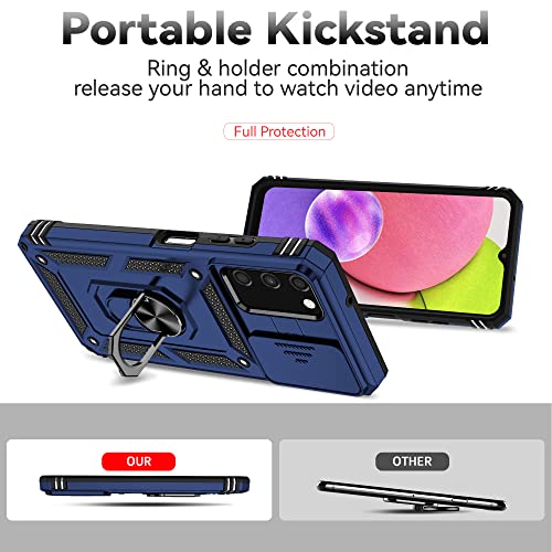 for Samsung Galaxy A03S Case with Slide Camera Cover HD Screen Protector [Military Grade 16ft. Drop Tested] Magnetic Ring Holder Kickstand Protective Phone Case for Samsung Galaxy A03S, Navy Blue