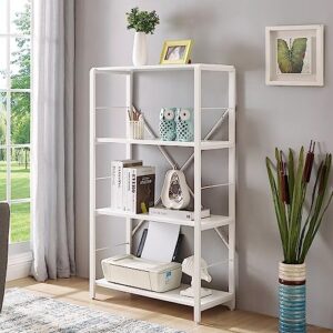 EXCEFUR Rustic Bookshelf and Bookcase, Industrial Metal and Wood Book Shelves, 4-Tier Shelving Unit for Living Room Bedroom, White Oak