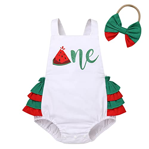 IMEKIS Melon First Birthday Outfit Girl One Cake Smash Boho Baby 1st Birthday Dress Watermelon Themed Party Supplies One Year Old Romper Sunsuit Toddler Summer Photoshoot Green Melon 12-18 Months