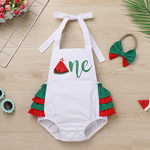 IMEKIS Melon First Birthday Outfit Girl One Cake Smash Boho Baby 1st Birthday Dress Watermelon Themed Party Supplies One Year Old Romper Sunsuit Toddler Summer Photoshoot Green Melon 12-18 Months