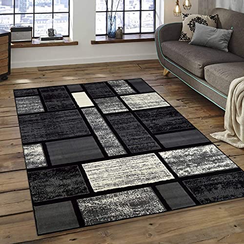 Modern Contemporary Blocks Boxes Design Soft Indoor Area Rug Grey Carpet (7’ 8” X 10’ 8”)