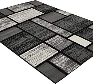 Modern Contemporary Blocks Boxes Design Soft Indoor Area Rug Grey Carpet (7’ 8” X 10’ 8”)