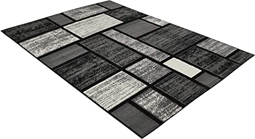 Modern Contemporary Blocks Boxes Design Soft Indoor Area Rug Grey Carpet (7’ 8” X 10’ 8”)