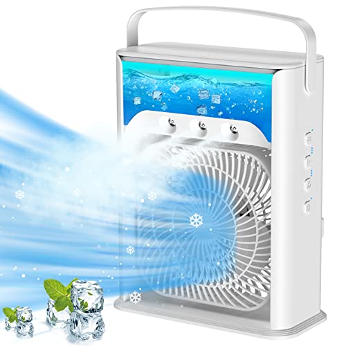 Portable Air Conditioner,4-In-1 Personal Air Cooler Mini Evaporative Fan, Portable AC Mobile Air Conditioner with 360°Rotation, 7 LED Light,3 Wind Speeds, 3 Spray Modes for Office Desk Bedroom Kitchen