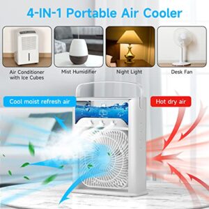 Portable Air Conditioner,4-In-1 Personal Air Cooler Mini Evaporative Fan, Portable AC Mobile Air Conditioner with 360°Rotation, 7 LED Light,3 Wind Speeds, 3 Spray Modes for Office Desk Bedroom Kitchen