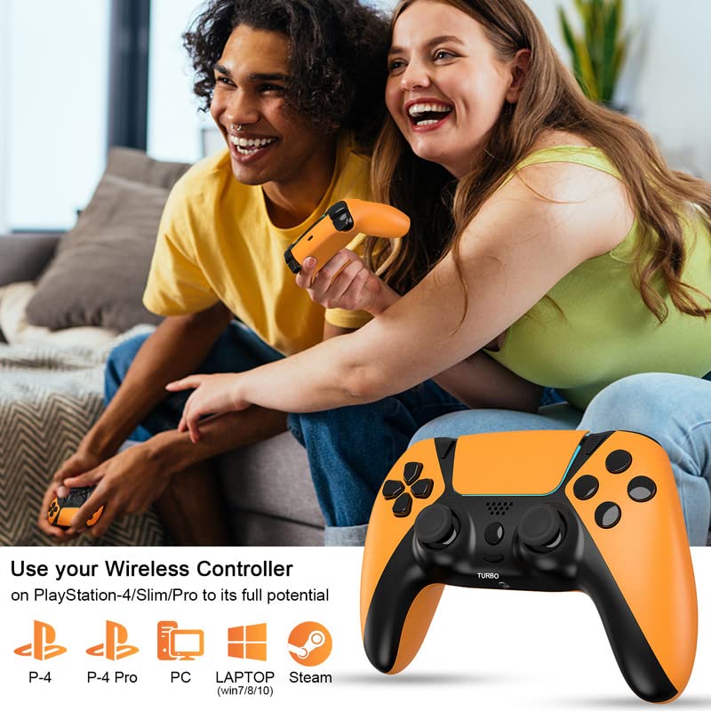 TOPAD Replaceable for Custom PS4 Controller, Elite Remote Compatible with Playstation 4/Steam/Slim,Scuf Wireless Game Control for PS4 Gamepad with Mapping Paddles/Turbo/Motion Sensor/Bluetooth,Orange