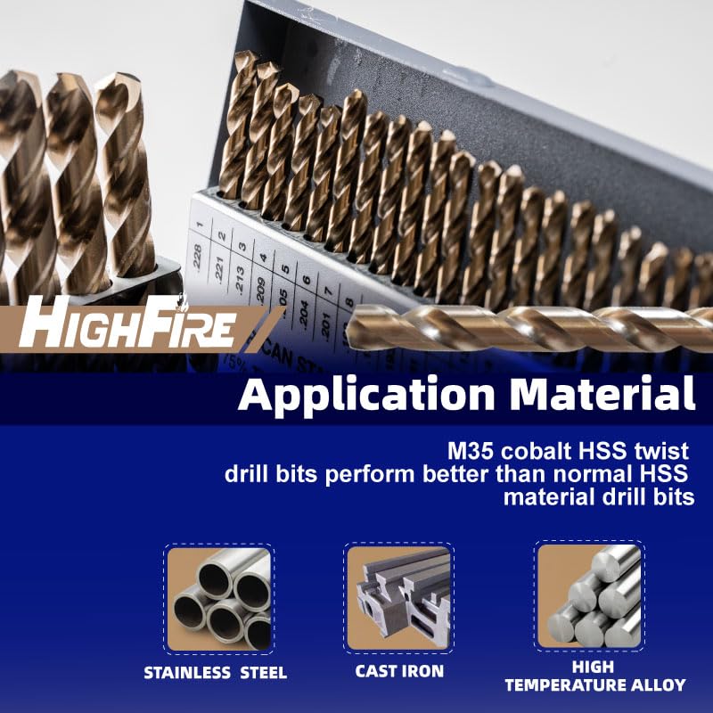 HIGHFIRE 115 PCS HSS Cobalt Drill Bit Set, Twist Jobber Drill Bits Set, 135-Degree Split Point, Fractional 1/16"-1/2", Letter A - Z, Wire #1 - #60 with Metal Indexed Storage Case