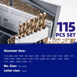 HIGHFIRE 115 PCS HSS Cobalt Drill Bit Set, Twist Jobber Drill Bits Set, 135-Degree Split Point, Fractional 1/16"-1/2", Letter A - Z, Wire #1 - #60 with Metal Indexed Storage Case