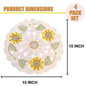 LeLehome Embroidery Sunflowers Cutwork Round Placemats, 4PCS 15" Home Kitchen Dining Autumn Summer Doily Tabletop Decoration