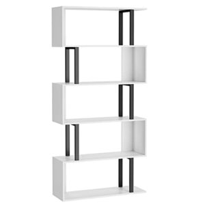 Gadroad 5 Tier Geometric Bookcase, Black and White Book Shelves, Modern Corner Bookcase Storage Shelf Wood for Living Room Home Office (White, 5 Tier)