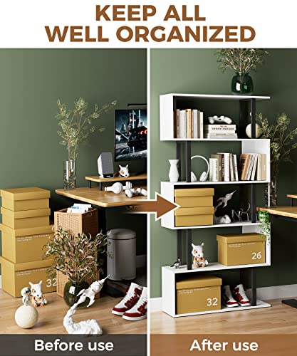 Gadroad 5 Tier Geometric Bookcase, Black and White Book Shelves, Modern Corner Bookcase Storage Shelf Wood for Living Room Home Office (White, 5 Tier)