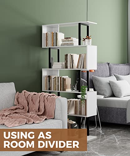 Gadroad 5 Tier Geometric Bookcase, Black and White Book Shelves, Modern Corner Bookcase Storage Shelf Wood for Living Room Home Office (White, 5 Tier)