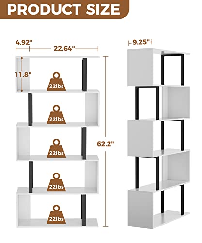 Gadroad 5 Tier Geometric Bookcase, Black and White Book Shelves, Modern Corner Bookcase Storage Shelf Wood for Living Room Home Office (White, 5 Tier)