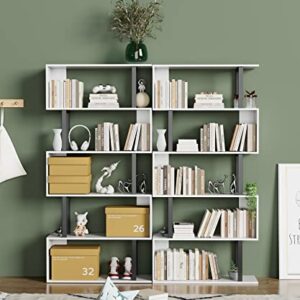 Gadroad 5 Tier Geometric Bookcase, Black and White Book Shelves, Modern Corner Bookcase Storage Shelf Wood for Living Room Home Office (White, 5 Tier)