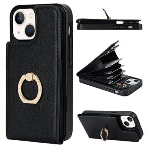folosu compatible with iphone 13 mini case wallet with card holder, 360°rotation finger ring holder kickstand protective rfid blocking pu leather double buttons flip shockproof cover 5.4 inch black