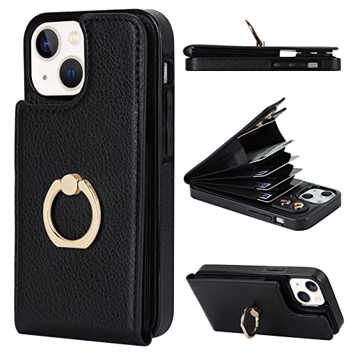 Folosu Compatible with iPhone 13 Mini Case Wallet with Card Holder, 360°Rotation Finger Ring Holder Kickstand Protective RFID Blocking PU Leather Double Buttons Flip Shockproof Cover 5.4 Inch Black