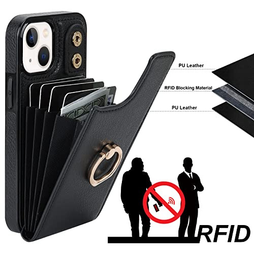 Folosu Compatible with iPhone 13 Mini Case Wallet with Card Holder, 360°Rotation Finger Ring Holder Kickstand Protective RFID Blocking PU Leather Double Buttons Flip Shockproof Cover 5.4 Inch Black