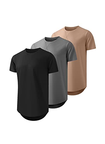 JMIERR Men's 3 Pack Cotton Hipster Hip Hop Longline Crewneck T-Shirt, Short Sleeve T Shirts for Men Pack, US 43(L), Black/Dark Grey/Khaki