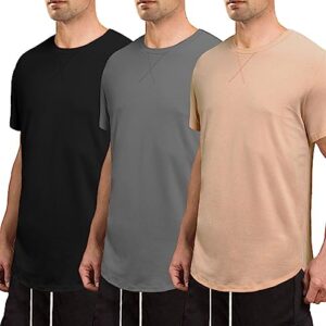 JMIERR Men's 3 Pack Cotton Hipster Hip Hop Longline Crewneck T-Shirt, Short Sleeve T Shirts for Men Pack, US 43(L), Black/Dark Grey/Khaki