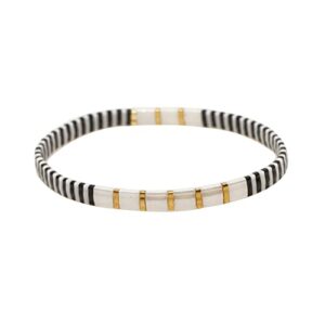 Sonateomber Zebra Black White Gold Tila Flat Beads Stretch Strand Bracelet for Women Girls - Trendy Unique Friendship Handmade Mixed Colorful Square Beaded Miyuk Beach Link Bracelets Stack Jewelry Gifts