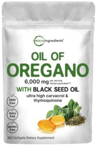 micro ingredients oil of oregano softgels 6000mg per serving, 300 count | with black seed oil, 4x strength carvacrol & thymoquinone | plant based, non-gmo | antioxidant & immune support