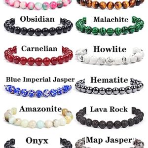 BOMAIL 12Pcs Natural Semi-Precious Gemstones Bracelets -8mm Round Beaded Bracelets for Men Women Reiki Healing Crystals Beads Stretch Bracelet