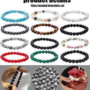 BOMAIL 12Pcs Natural Semi-Precious Gemstones Bracelets -8mm Round Beaded Bracelets for Men Women Reiki Healing Crystals Beads Stretch Bracelet