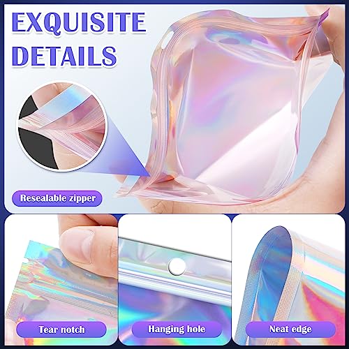 JETMORE 100 Pcs Mylar Bags, Holographic Bags, Smell Proof Bags, Resealable Bags for Small Business, Sample Bags with Clear Window, Sealable Bags for Pen, Brushes, Jewelry, Candy, Necklaces (2.4x9in)