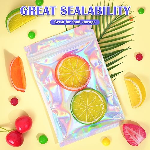 JETMORE 100 Pcs Mylar Bags, Holographic Bags, Smell Proof Bags, Resealable Bags for Small Business, Sample Bags with Clear Window, Sealable Bags for Pen, Brushes, Jewelry, Candy, Necklaces (2.4x9in)