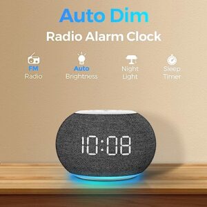 REACHER Auto Dimmable Alarm Clock Radio for Bedrooms, Improved Reception FM Radio, 9 Color Night Light, 0-100% Dimmer, 7 Wake Up Sounds, Sleep Timer, Small Digital Clock for Bedside