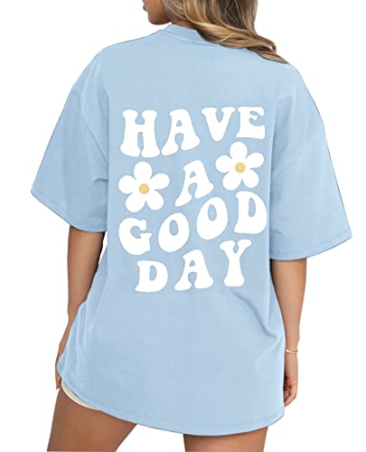 Cioatin Women’s Aesthetic Y2K Oversize Tee Shirt Top Floral Slogan Letter Graphic Drop Shoulder Short Sleeve Tshirt Sky Blue