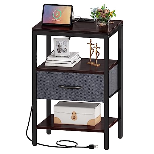 SUPERJARE Nightstand with Charging Station, Bed Side Table with Adjustable Fabric Drawer, Night Stand for Bedroom, 3-Tier Storage End Table, for Living Room - Walnut