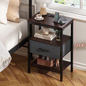 SUPERJARE Nightstand with Charging Station, Bed Side Table with Adjustable Fabric Drawer, Night Stand for Bedroom, 3-Tier Storage End Table, for Living Room - Walnut