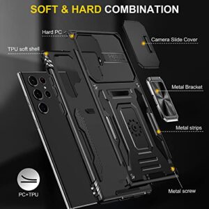 LKPINGAN for Samsung Galaxy S22 Ultra 5G Case with Slide Camera Cover &360 Degree Rotating Ring Kickstand, Military Grade Drop Protection Rugged Shockproof Case for Galaxy S22 Ultra 6.8 Inch Black