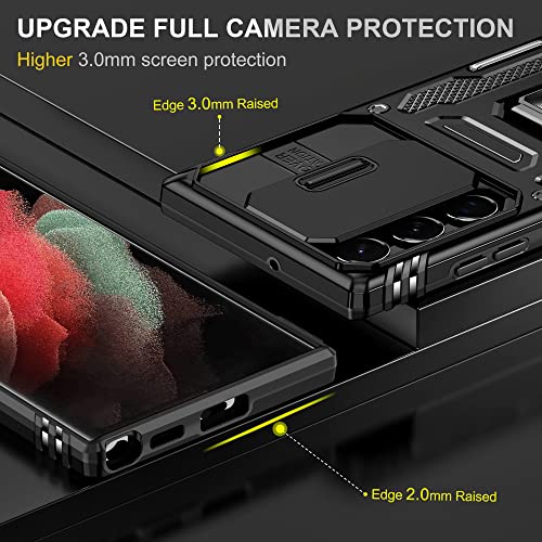 LKPINGAN for Samsung Galaxy S22 Ultra 5G Case with Slide Camera Cover &360 Degree Rotating Ring Kickstand, Military Grade Drop Protection Rugged Shockproof Case for Galaxy S22 Ultra 6.8 Inch Black