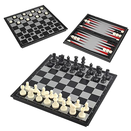 Nutsball 3 in 1 Magnetic Travel Chess Checkers Backgammon Set 12.5" Portable Folding Board Game for Kids and Adults