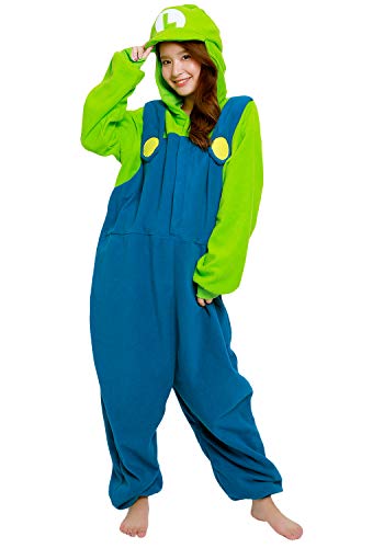 SAZAC Kigurumi Super Mario Bros Luigi - Onesie Jumpsuit Halloween Costume (One Size) Blue/Green