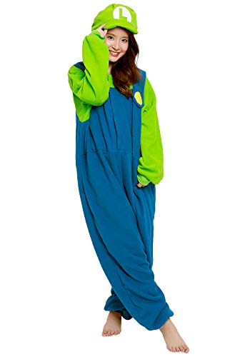 SAZAC Kigurumi Super Mario Bros Luigi - Onesie Jumpsuit Halloween Costume (One Size) Blue/Green