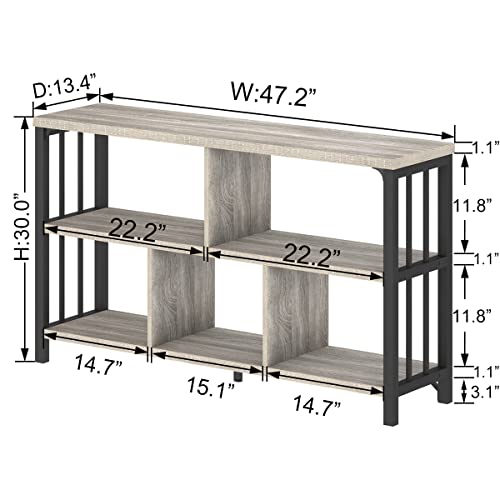 IBF Industrial Horizontal Bookshelf, Modern 5 Cube Storage Organizer Open Shelf, Low Wide Cubby Bookcase for Home Office Living, Wooden Metal Short Book Shelf Bedroom Storage, Light Grey Oak, 47 Inch