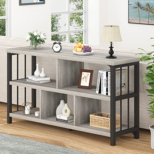 IBF Industrial Horizontal Bookshelf, Modern 5 Cube Storage Organizer Open Shelf, Low Wide Cubby Bookcase for Home Office Living, Wooden Metal Short Book Shelf Bedroom Storage, Light Grey Oak, 47 Inch