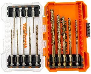 nordwolf 14-piece m35 cobalt jobber drill bit set for stainless steel, metal, cast iron and wood, with 1/4" hex shank for quick chucks & impact drivers, sae sizes 1/16" to 3/8" in storage box
