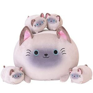 sqeqe siamese cat plush, cute siamese cat stuffed animals mommy with 4 squishy kitties in her tummy, soft siamese cat plushies pillow gifts for kids