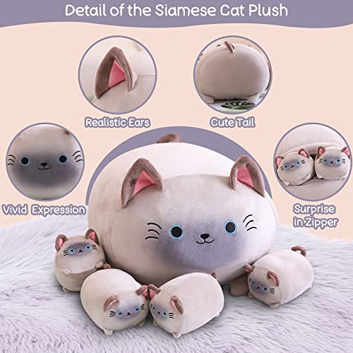 SQEQE Siamese Cat Plush, Cute Siamese Cat Stuffed Animals Mommy with 4 Squishy Kitties in her Tummy, Soft Siamese Cat Plushies Pillow Gifts for Kids