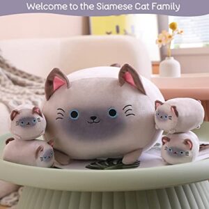 SQEQE Siamese Cat Plush, Cute Siamese Cat Stuffed Animals Mommy with 4 Squishy Kitties in her Tummy, Soft Siamese Cat Plushies Pillow Gifts for Kids