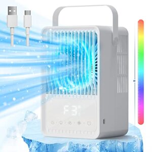 portable air conditioner fan, ultra quiet&strong airflow personal small evaporative air cooler with 3 speeds led light, 2 cool mist&2-8h timer, desk cooler fan for room office camping, ferrisa (white)