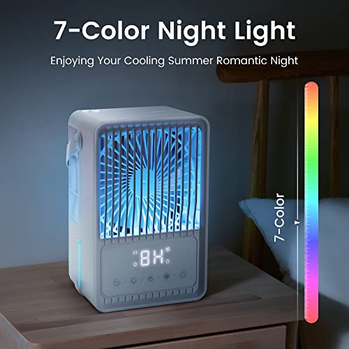 Portable Air Conditioner Fan, Ultra Quiet&Strong Airflow Personal Small Evaporative Air Cooler with 3 Speeds LED Light, 2 Cool Mist&2-8H Timer, Desk Cooler Fan for Room Office Camping, FERRISA (White)