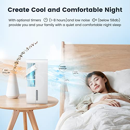 Portable Air Conditioner Fan, Ultra Quiet&Strong Airflow Personal Small Evaporative Air Cooler with 3 Speeds LED Light, 2 Cool Mist&2-8H Timer, Desk Cooler Fan for Room Office Camping, FERRISA (White)