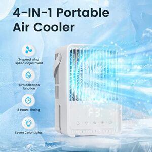 Portable Air Conditioner Fan, Ultra Quiet&Strong Airflow Personal Small Evaporative Air Cooler with 3 Speeds LED Light, 2 Cool Mist&2-8H Timer, Desk Cooler Fan for Room Office Camping, FERRISA (White)